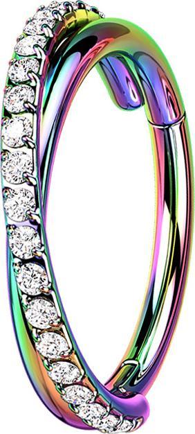 Actual product image Star Piercing Micro segment ring hinged coloured crossed on the side crystals silver (without brass, Surgical steel 316L)