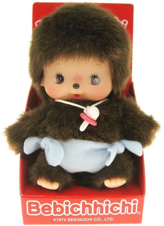 Actual product image Monchhichi Sekiguchi 235370 Original Bebichhichi boy, made of brown plush, with blue diaper, approx. 15 cm (15 cm)