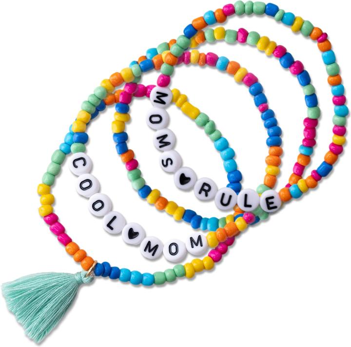 Actual product image Papierdrachen 4 Perlenarmbänder – COOL MUM und MOMS RULE (Plastic, Fabric, Rubber)