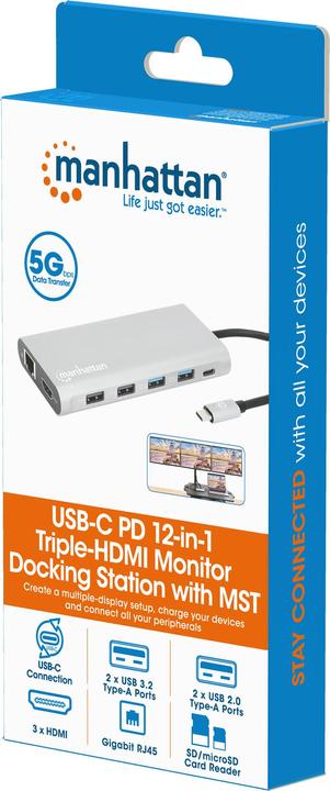 Produktbild Manhattan USB-C PD 12-in-1-Dockingstation mit MST für drei HDMI-Monitore (USB-C, 1 Ports)