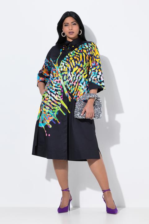 Image du produit Ulla Popken Robe midi motif papillon, manches 3/4 et col chemise (60)