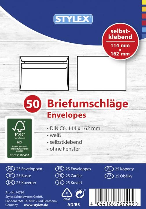 Produktbild Stylex Briefumschläge C6 selbstklebend 50St. 76700 (C6, 50 x)