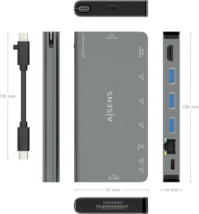 Produktbild Aisens USB-C DOCK 8 EN 1 HDMI RJ45 3XUSB-A USB-C DATOS PD 1XSD 1XMICRO SD (USB-C, 8 Ports)