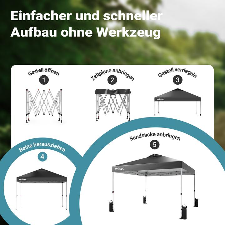 Produktbild Wiltec Pop up Pavillon 3x3m grau Räder Gartenpavillon Faltpavillon Camping Party (300 cm, 300 cm)