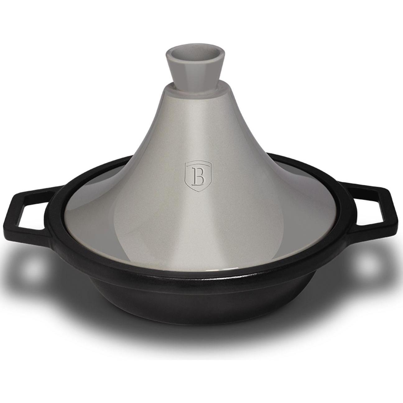 BerlingerHaus Casseruola "Tajin" 2L in ghisa smaltata 22 × 7,5 cm (h-25 cm con coperchio in ceramica), Padella + Pentola, Grigio