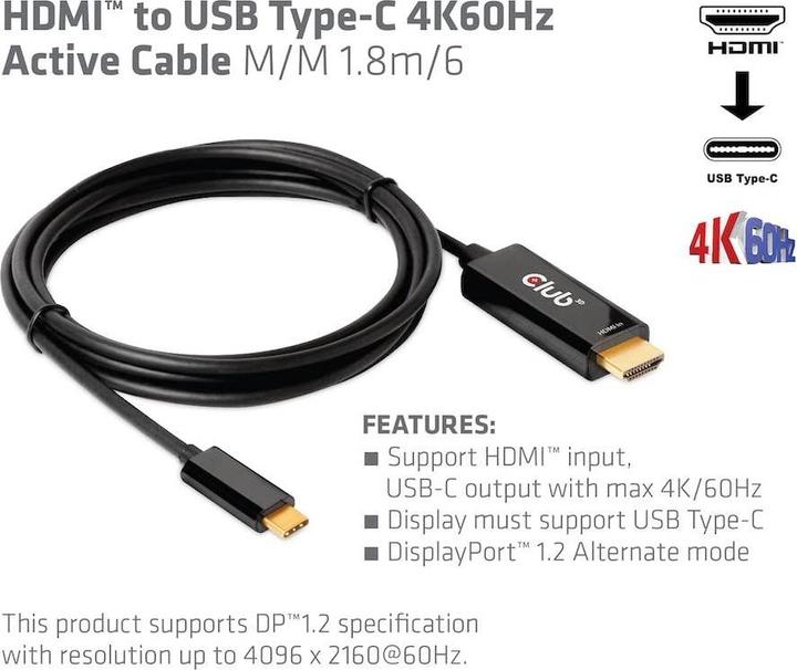 Actual product image Club 3D HDMI (Type A) - USB Type C (1.80 m)