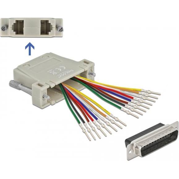 Delock D-Sub 25 Pin Crimp Stecker zu 2 x RJ45 Buchse mit Montagesatz beige, Elektronikkabel + Stecker, Beige