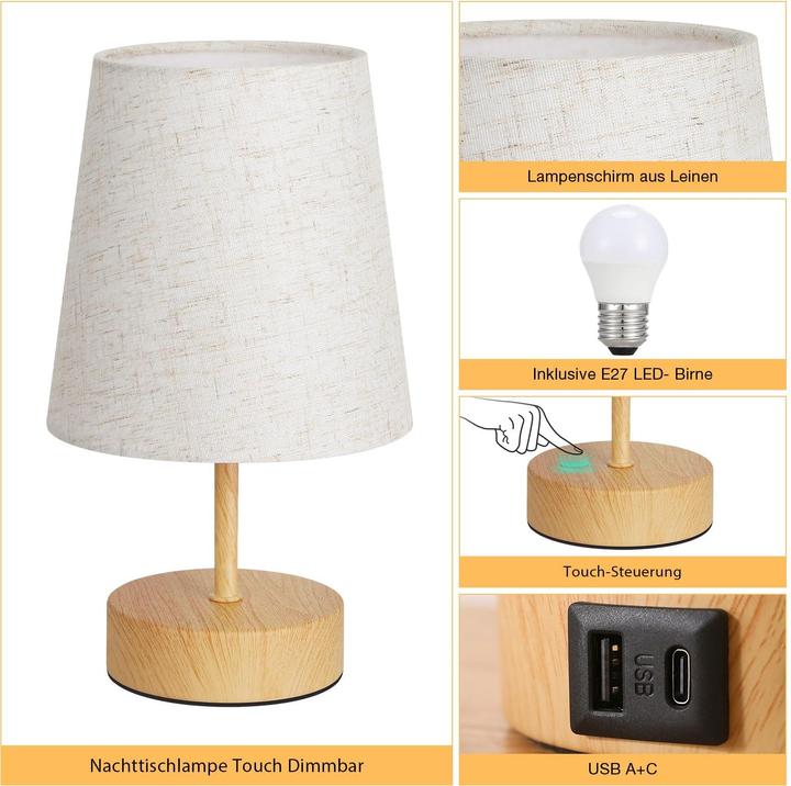 Actual product image Alopini Bedside Lamp Touch Dimmable, USB A+C Charging Function, Table Lamp with Lampshade (E27)