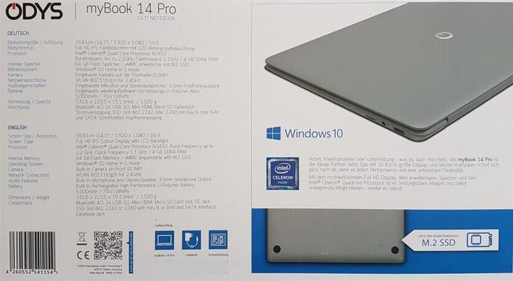 Actual product image Odys Notebook mybook 14 Pro (14", 64 GB, 4 GB, DE, Intel Celeron N3450)