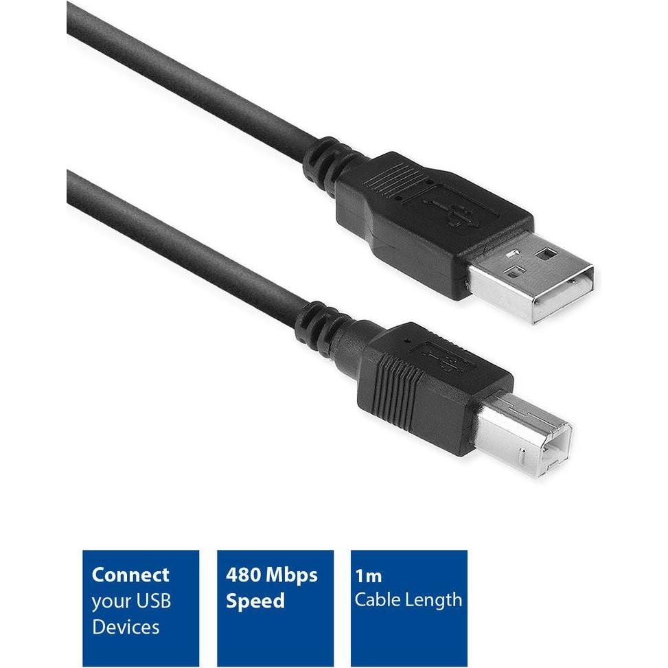 ACT 1 meter USB 2.0 connection cable A male - B male, Zip Bag (1 m, USB 2.0), USB Kabel