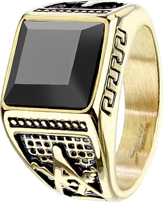 Actual product image Star Piercing Gold-plated ring with faceted onyx stone and Freemason pattern (61, Steel)