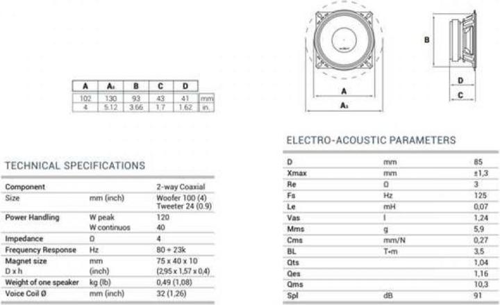 Produktbild Audison APX4 Coaxiale speakerset 10cm 2-weg uit de Prima lijn (120 W, 10 cm)