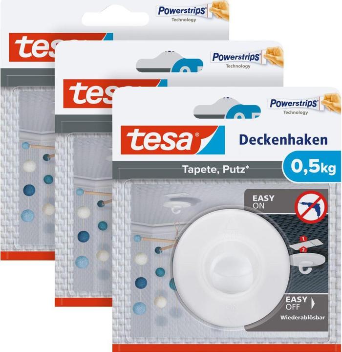 Produktbild tesa 3x Deckenhaken für Tapete & Putz, selbstklebend