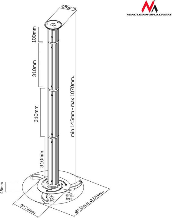 Image du produit Maclean MC-517 MC-517 Universal Ceiling Projektorius Screen Mount Bracket Tilt Adjustable (Plafond)