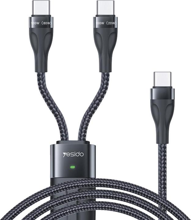 Yesido - Data Cable (CA88) - Type-C to 2 x Type-C, 100W, 480Mbps, 1.4m - Black (1.40 m, USB 3.2 Gen 1, 100 W)
