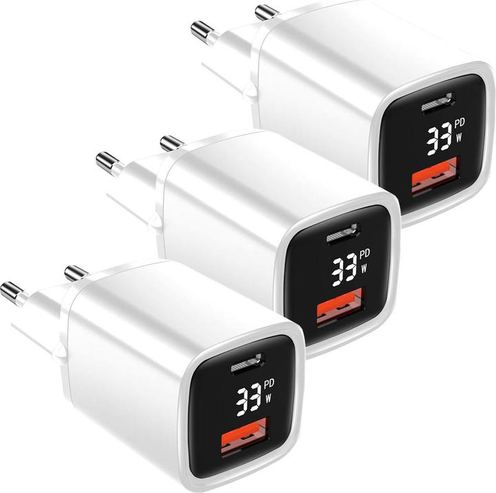Produktbild Eaxus 3er-Set USB-LadegerÃ¤t, Dual Port, fÃ¼r USB-C und USB-A, 100-240 V, 0,7 A (33 W)