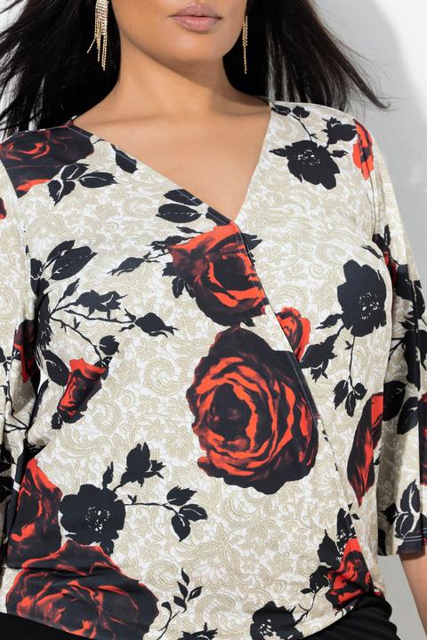 Actual product image Ulla Popken Shirt, Rosen, Wickeloptik, V-Ausschnitt, 3/4-Glockenärmel (42, 44)