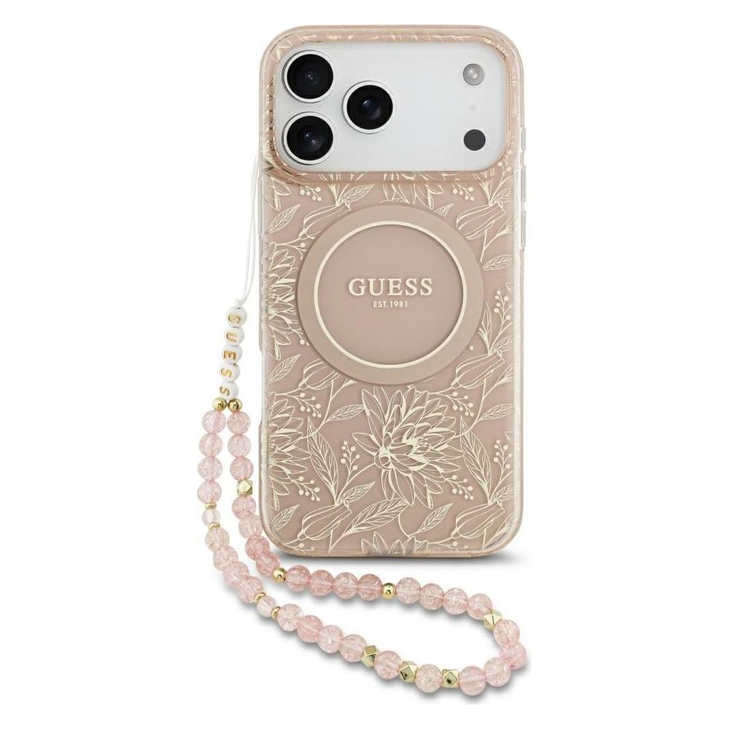 Guess Case Magsafe Iml Case Flowers Electroplated Allover With Beads Strap For IPhone 17 Pro Max Pin (Apple IPhone 17 Pro Max), Smartphone Hülle,