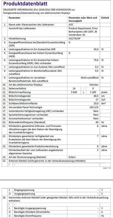 Actual product image AOC AG274UXP (3840 x 2160 Pixels, 27")