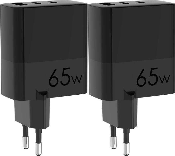 Produktbild Eaxus 2er-Set USB Ladegerät mit Ladekabel, 3 Ports, 2x Typ-C & 1x Typ-A, 65 Watt, schwarz (65 W)