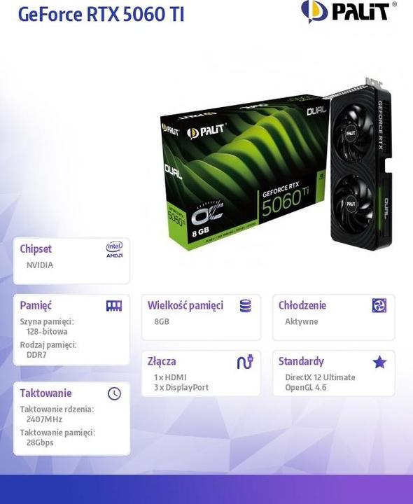 Image du produit Palit VGA RTX5060TI 8GB Dual OC (8 Go)