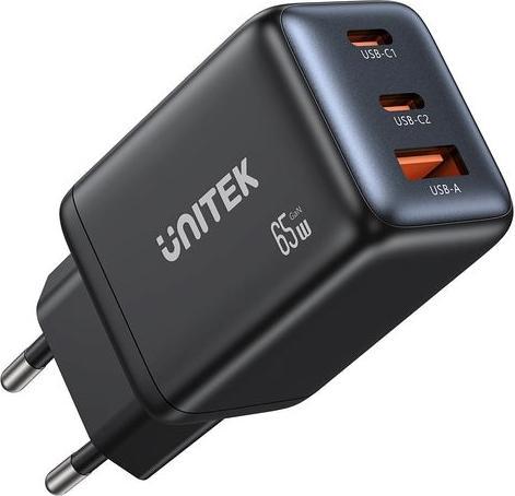 Unitek ŁADOWARKA SIECIOWA GAN 2X USB-C USB-A PD 3.0 65W CZARNA (65 W, 3 Ports)