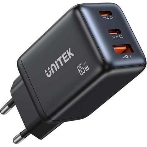 Unitek ŁADOWARKA SIECIOWA GAN 2X USB-C USB-A PD 3.0 65W CZARNA (65 W), Caricatore USB, Nero