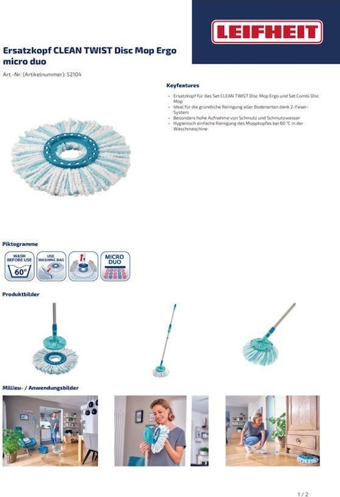 Immagine prodotto Leifheit Testa di ricambio Clean Twist Disc Mop microduo (1 pz.)