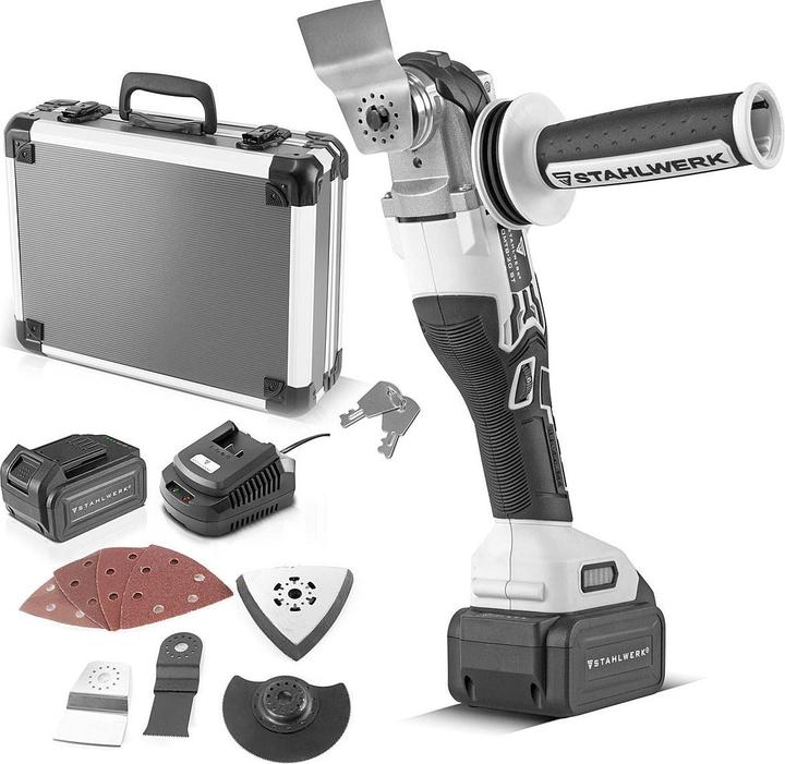 1 x Delta sanding pad, 1 x scraping tool / scraper, 1 x charger, 1 x side handle, 1 x transport case, 4 x trapezoid sandpaper 1 x each (P60, P100, P120, P180), 1 x plunge-cut saw blade, 1 x STAHLWERK OMTB-20 ST cordless oscillating and multi-function tool, 1 x Plunge-cut saw blade half moon, 1 x 2 Ah battery with 2000 mAh