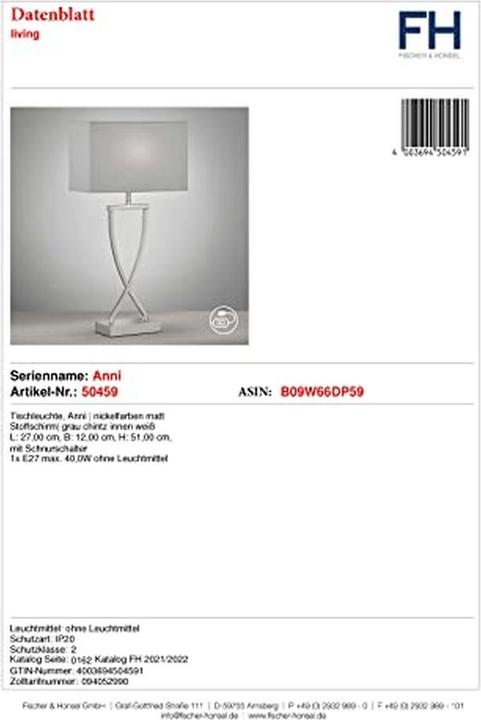 Actual product image Fischer & Honsel Honsel Anni table lamp E27 fabric shade grey chintz, white nickel 50459 (E27)