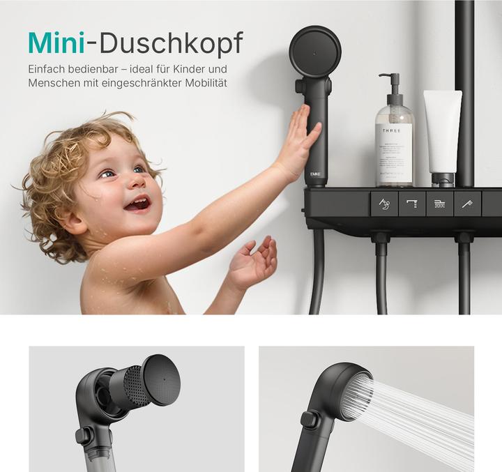 Actual product image Emke Shower system with thermostat, hand shower + rain shower + children's shower + lower outlet, black