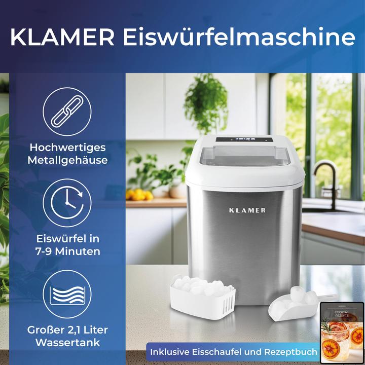 Produktbild KLAMER Eiswürfelmaschine 2.1 L Wassertank, 120 W Ice Maker