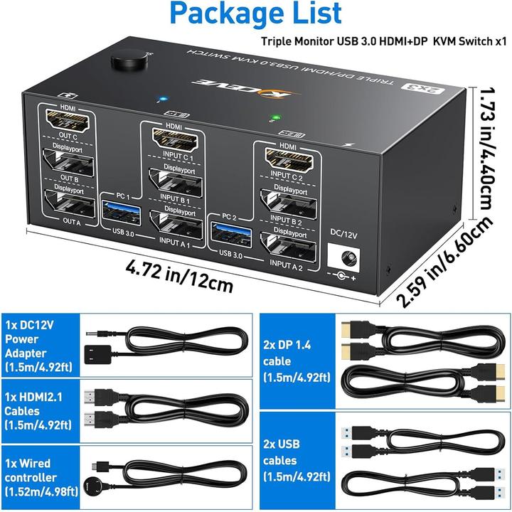 Image du produit Kceve KVM Switch für 2 Computer, 3 Monitore, USB 3.0