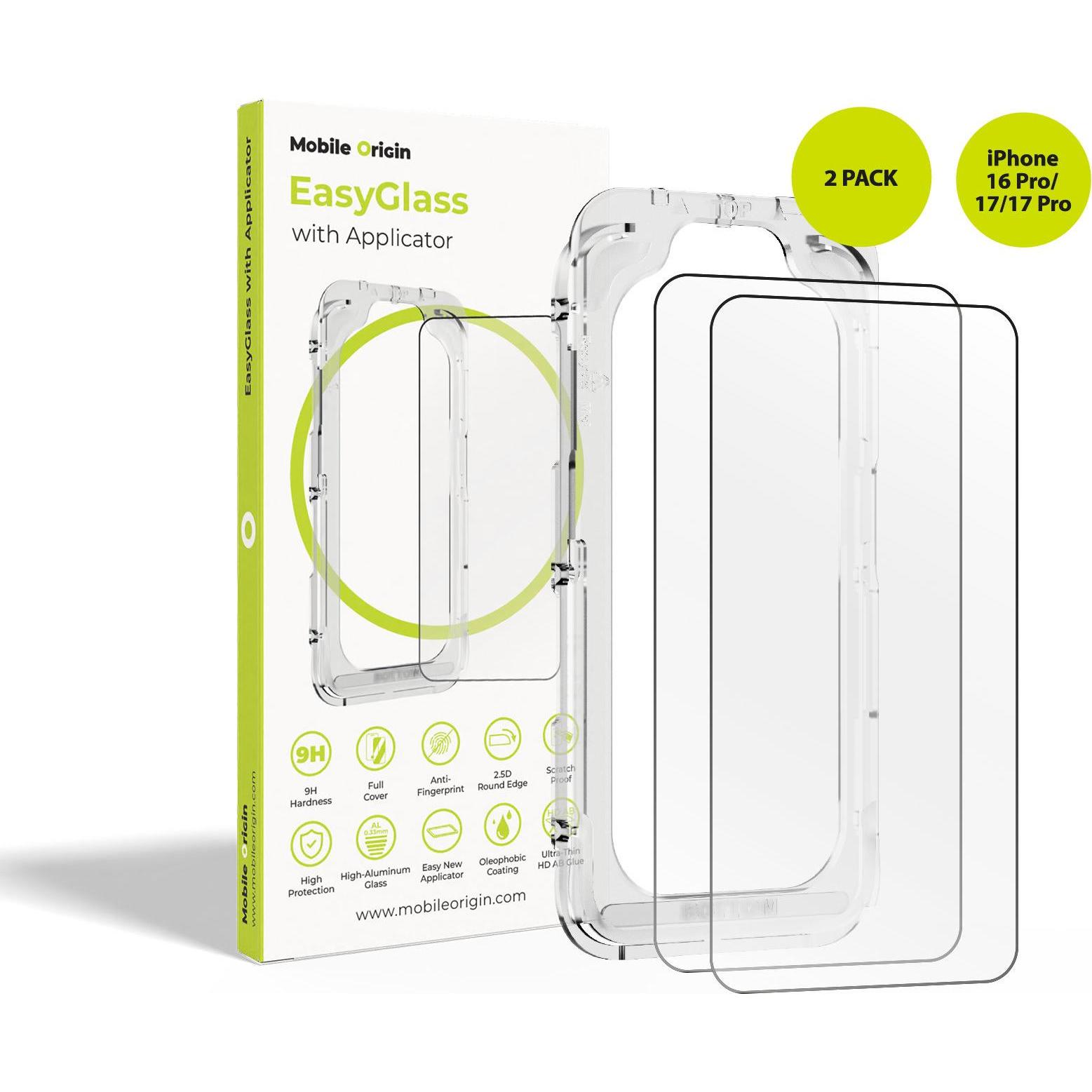 Mobile Origin EasyGlass with Applicator iPhone 16 Pro/17/17 Pro, 2 pack (2 pz., Apple iPhone 16 Pro, Apple iPhone 17, Apple iPhone 17 Pro), Pellicola 