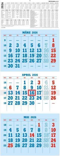 Produktbild 3-Monatskalender blau/rot 2026 - 29,7x7 (Harter Einband, Deutsch)