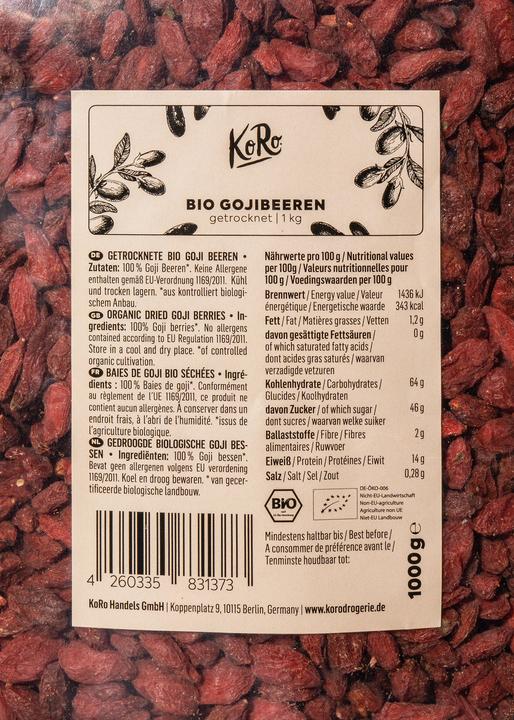 Valori nutrizionali e ingredienti KoRo Bacche di Goji biologiche (1000 g)