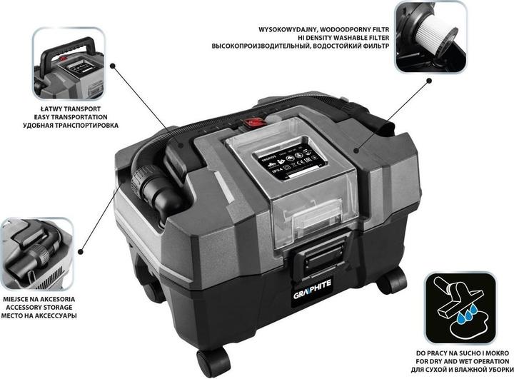Actual product image Graphite Workshop vacuum cleaner Energy + 18V, Li-Ion, 10 L, without battery (Wet dry vacuum cleaner)