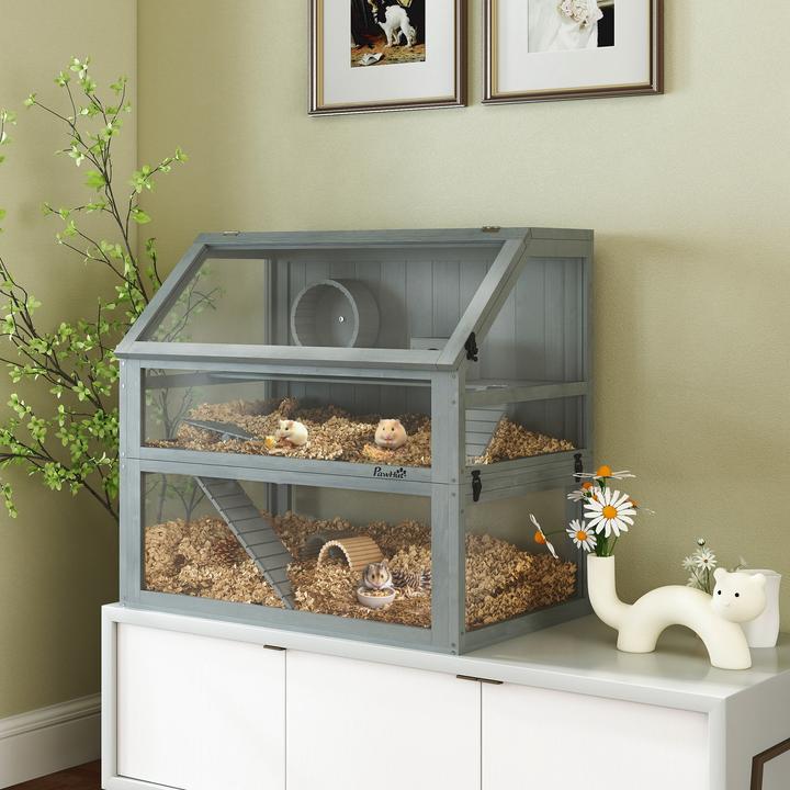 Image du produit PawHut Hamsterkäfig Tannenholz, Acryl Hellgrau