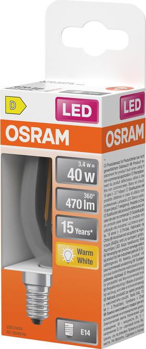 Immagine prodotto Osram LED Leuchtmittel LED Retrofit CLASSIC B 3.4W 827 Clear E14 Warm weiss 4099854467776 (E14, 470 lm, 6x)