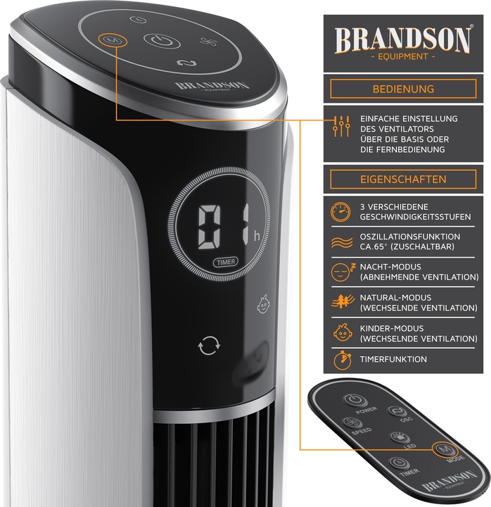 Produktbild Brandson Turmventilator, Fernbedienung, 10° neigbar, Oszillation, 4 Modi, Standventilator 108cm, weiss (52 dB)