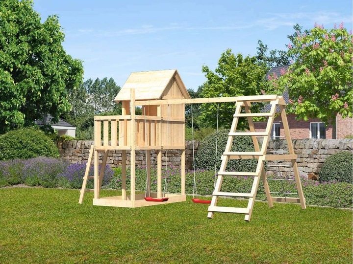 Produktbild Akubi Karibu Stelzenhaus Benjamin Fichte inkl. mit Rutsche violett und Sandkasten