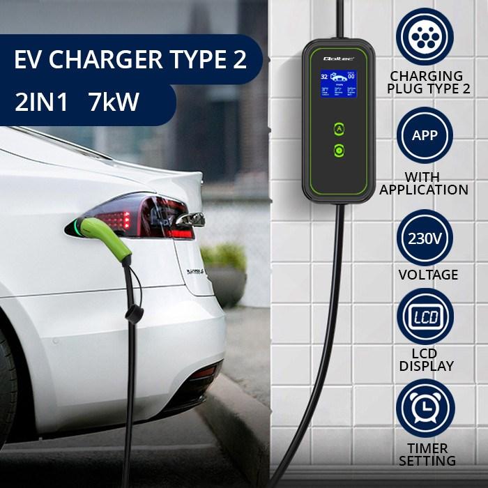 Produktbild Qoltec Mobiles EV-Ladegerät mit einstellbarem 2in1 (Typ 2, 7.36 kW, 32 A, Typ F)