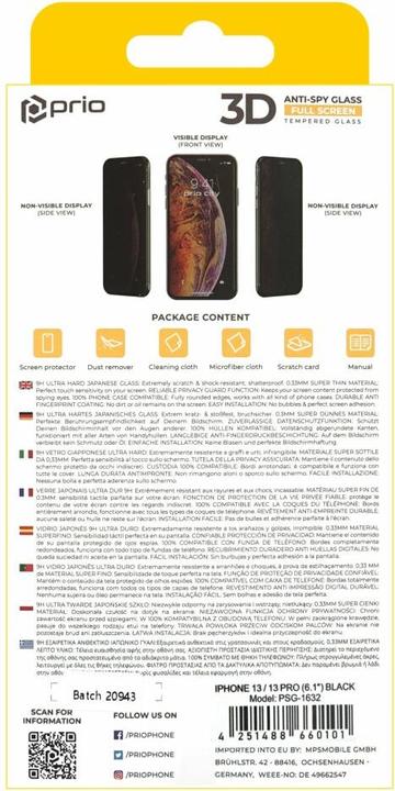 Immagine prodotto prio Vetro temperato 3D anti-spia per iPhone 14/13 /13 Pro nero (1 pz., Apple iPhone 13, Apple iPhone 13 Pro, Apple iPhone 14)