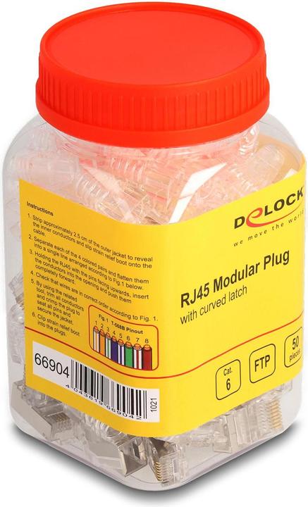 Produktbild Delock RJ45 Modularer Stecker mit gebogener Rastnase Cat.6 und Knickschutztülle 50er Set (Netzwerkkabel Stecker)