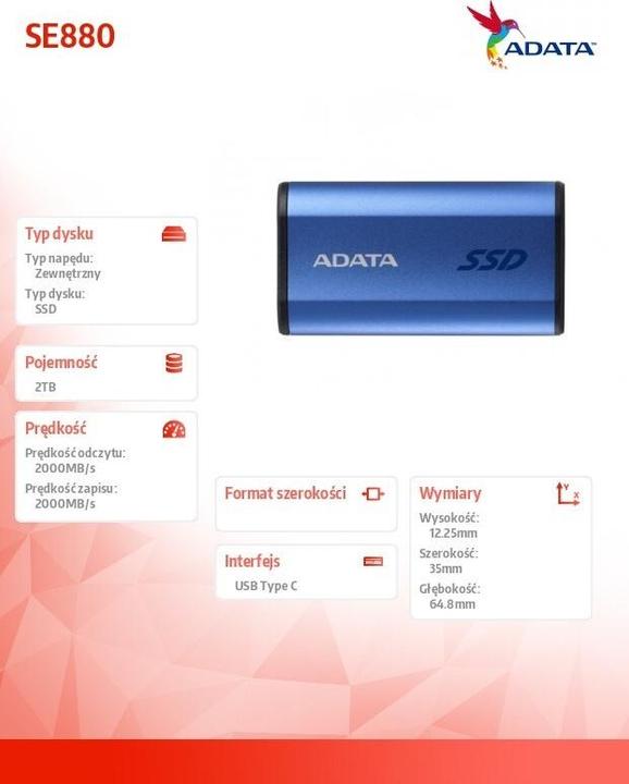 Productafbeelding Adata Dysk zewnętrzny SSD SE880 2TB USB3.2A/C Gen2x2 Niebieski (2 TB)