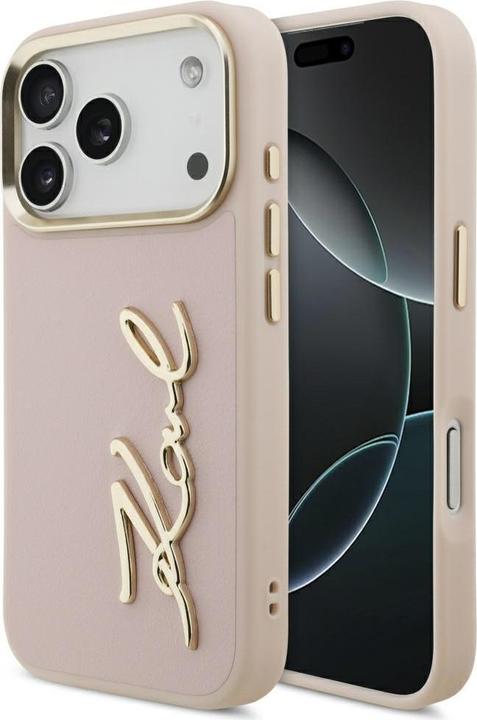 Actual product image Karl Lagerfeld case PU leather case with Karl script logo and metal camera buttons for iPhone 17 Pro (Apple iPhone 17 Pro)