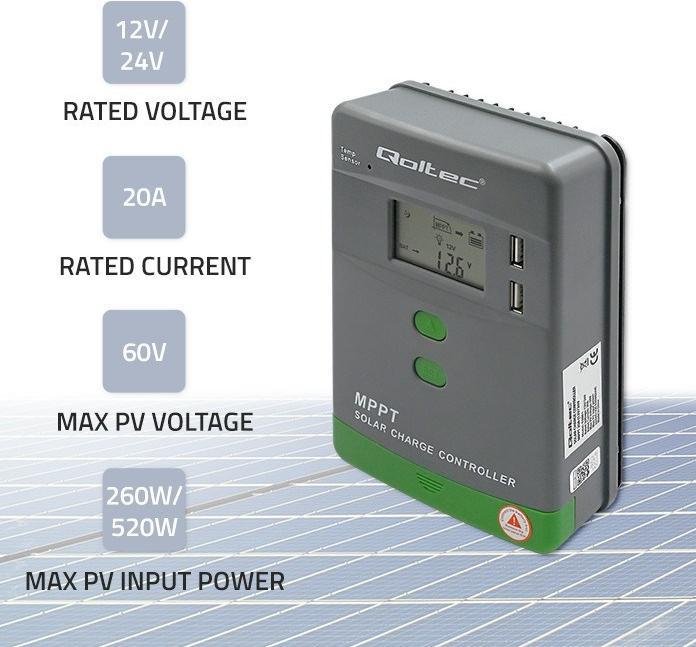 Actual product image Qoltec Solar MPPT charge controller with temperature sensor 20A |12V/24V | LCD display | 2 x USB