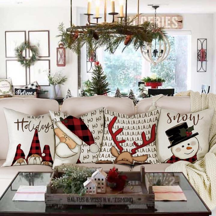 Produktbild Alopini Weihnachten Kissenbezug 4er Set Kissenbezüge Dekokissen Leinen Kissenbezüge (45 x 45 cm)
