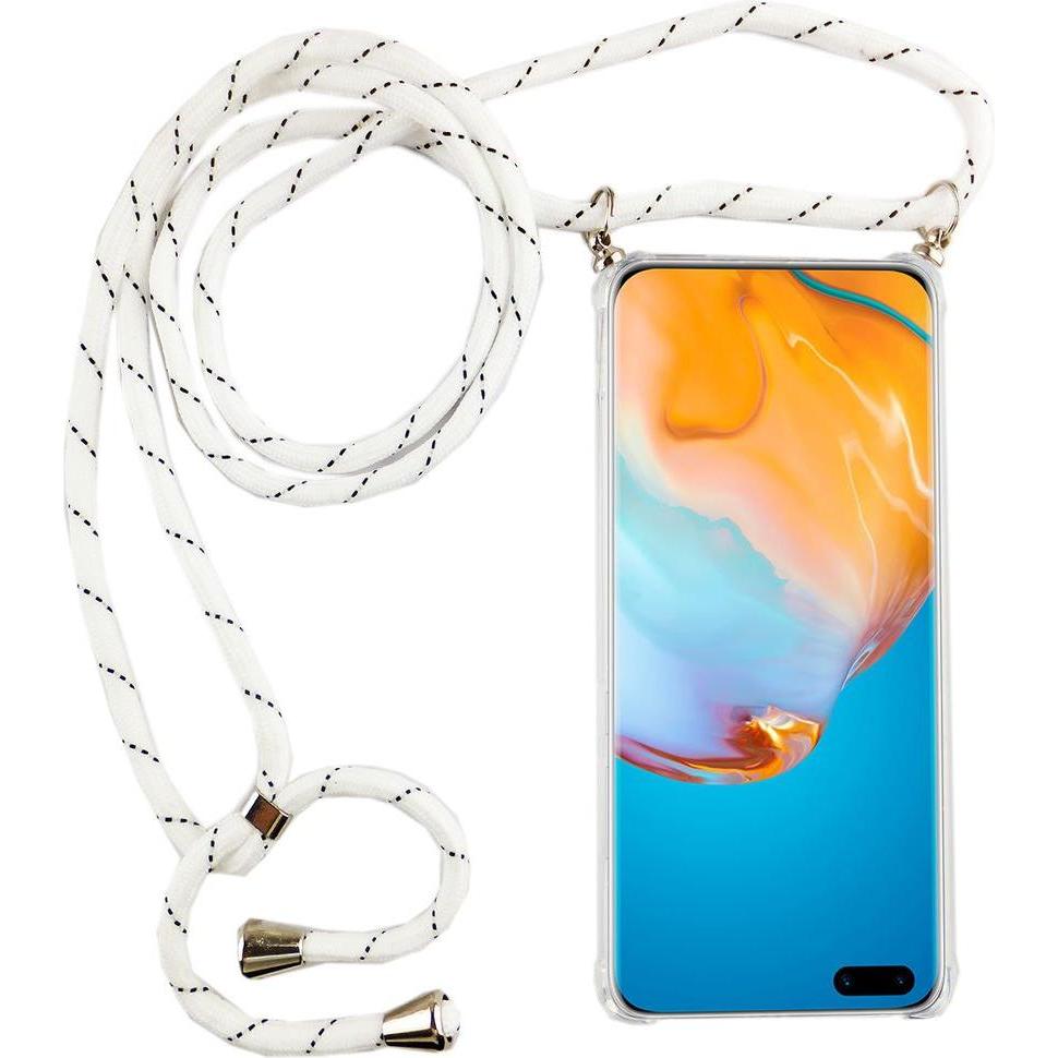 König Design Huawei P40 Lite Handykette Hülle mit Band Case zum umhängen mit Kordel Etui Weiss, Handykette, Transparent