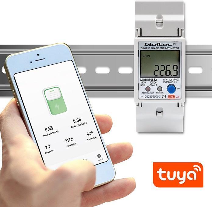 Produktbild Qoltec 50882 Single phase electronic energy consumption meter for DIN rail | Wi-Fi | TUYA | 230V | L